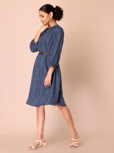 Rang by Indya Navy Blue Chevron Foil Belted Dress