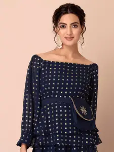 Rang by Indya Women Navy Blue & Gold-Toned Printed Off-Shoulder Top