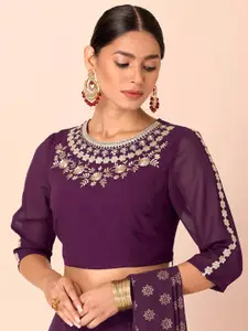 Rang by Indya Purple & Gold-Toned Floral Embellished Georgette Crop Top