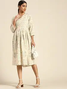 all about you Off White & Green Floral Crepe A-Line Midi Dress