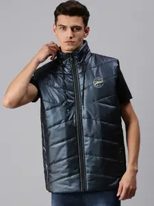 SHOWOFF Men Navy Blue Lightweight Bomber with Patchwork Jacket