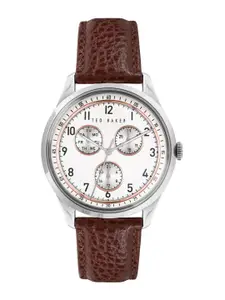 Ted Baker Men Silver-Toned Dial & Brown Leather Textured Straps Analogue Watch BKPDQS104