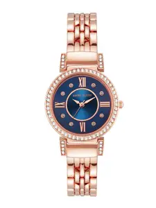 ANNE KLEIN Women Blue Embellished Dial & Gold Toned Stainless Steel Bracelet Style Straps Analogue Watch