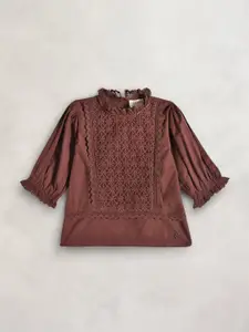 Cherry Crumble Girls Brown Self Design High Neck Cotton Lace Top