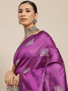 Ishin Purple & Silver-Toned Ethnic Motifs Zari Silk Blend Banarasi Saree