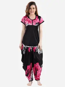 Romaisa Women Pink & Black Printed Satin Night suit