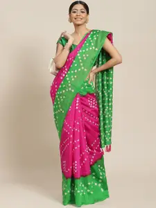 Ishin Green & Pink Bandhani Poly Silk Saree
