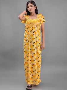 Apratim Yellow Satin Printed Maxi Nightdress