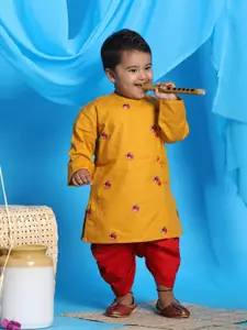 VASTRAMAY SISHU Boys Mustard Yellow Embroidered Pure Cotton Kurta with Dhoti Pants