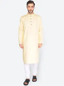 NAMASKAR Men Cream-Coloured Solid Cotton Kurta with Pyjamas