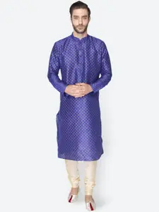 NAMASKAR Men Royal Blue Dupion Silk Printed Kurta with Churidar