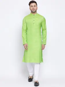 NAMASKAR Men Green Cotton Solid Kurta with Churidar
