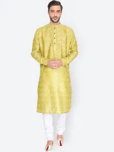 NAMASKAR Men Mustard Yellow Printed Cotton Kurta with Pyjamas