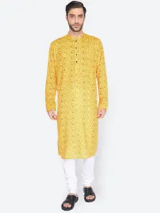 NAMASKAR Men Yellow Cotton Printed Kurta with Churidar