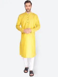NAMASKAR Men Yellow Solid Cotton Kurta with Pyjamas