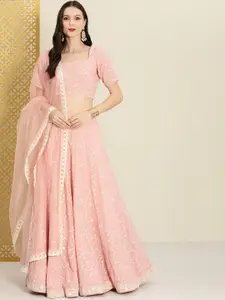House of Pataudi Pink Embroidered Semi-Stitched Lehenga & Unstitched Blouse With Dupatta