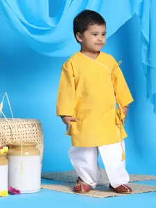 VASTRAMAY SISHU Boys Mustard Yellow Angrakha Pure Cotton Kurta with Dhoti Pants