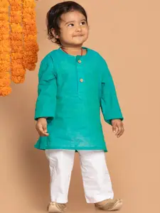 VASTRAMAY Boys Turquoise Blue Pure Cotton Kurta with Pyjamas