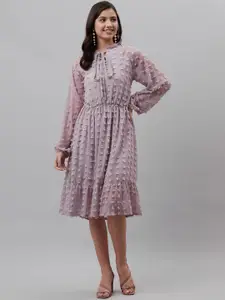 plusS Lavender Dobby Weave Tie-Up Neck A-Line Dress