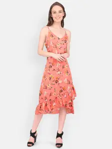 MARC LOUIS Peach-Coloured Floral Crepe Midi Dress