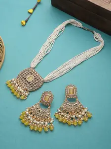 STEORRA JEWELS Yellow studded & White beads Long Necklace Jewellery Set