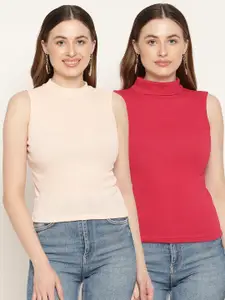 Miaz Lifestyle Pack Of 2 Red & Peach Solid Fitted Tops