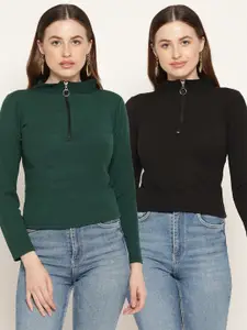 Miaz Lifestyle Pack Of 2 Green & Black High Neck Top