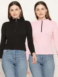 Miaz Lifestyle Black & Pink Pack Of 2 High Neck Top