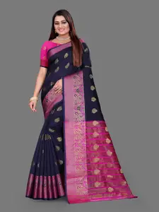 Indian Fashionista Navy Blue & Pink Woven Design Zari Art Silk  Banarasi Saree