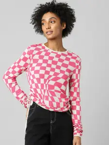 ONLY Women Pink & White Checked Pullover