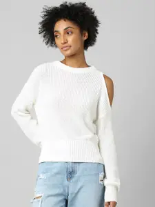 ONLY Women White Ribbed Pullover