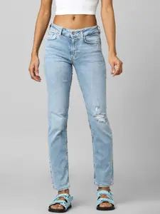 ONLY Women Light Blue High-Rise Mildly Distressed Heavy Fade Jeans
