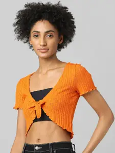 ONLY Women Orange Crop Tie-Up Shrug
