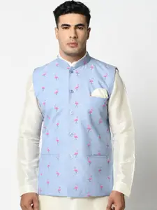 DEYANN Men Blue & Pink Flamingo Printed Pure Cotton Woven Nehru Jacket