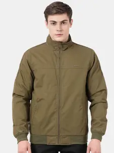 t-base Men Olive Green Solid Windcheater and Water Resistant  Mock Collar Bomber Jacket