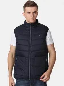 t-base Men Navy Blue Windcheater and Water Resistant Puffer Jacket