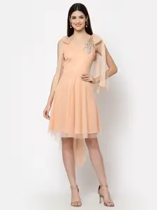 Just Wow Peach-Coloured Floral Embroidered Net Dress