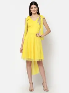 Just Wow Yellow Floral Embroidered Net Dress