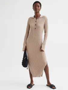 H&M Women Beige Solid Collared Rib-Knit Dress