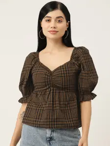 Rue Collection Brown & Black Checked Sweetheart Neck Cinched Waist Top