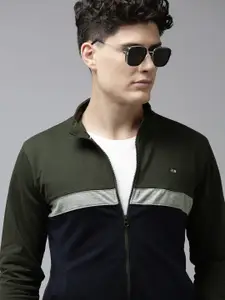 Arrow Men Olive Green & Navy Blue Colourblocked Sweatshirt