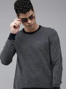 Arrow Men Navy Blue & White Cable Knit Pullover