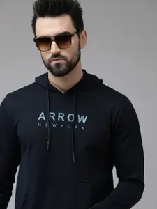 Arrow Men Navy Blue Brand Logo Print Hooded Sweatshirt