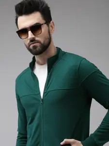 Arrow Men Green Solid Knitted Front-Open Sweatshirt