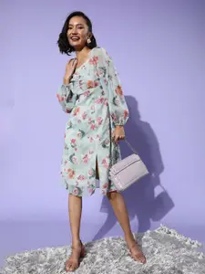 Miss Chase Multicoloured Floral Georgette Blouson Knee Length Dress