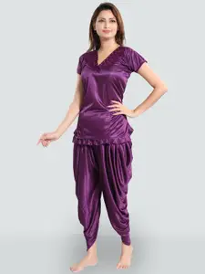Romaisa Women Purple Satin Ruffle Top And Dhoti Pant Night suit