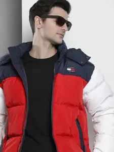 Tommy Hilfiger Men Navy Blue And Red Colourblocked Hooded Puffer Jacket