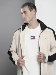 Tommy Hilfiger Men Beige And Black Colourblocked Bomber Jacket With Detachable Hood