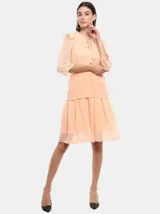 V-Mart Peach-Coloured Tie-Up Neck Satin A-Line Dress