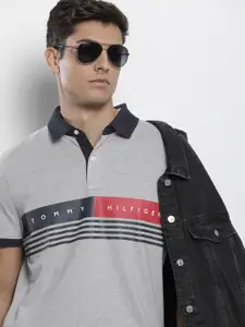 Tommy Hilfiger Men Grey & Navy Blue Brand Logo Polo Collar T-shirt